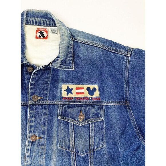 Vintage Mickey Inc Jean Denim Jacket XL Blue Disney American Flag Stars Stripes - Picture 5 of 10